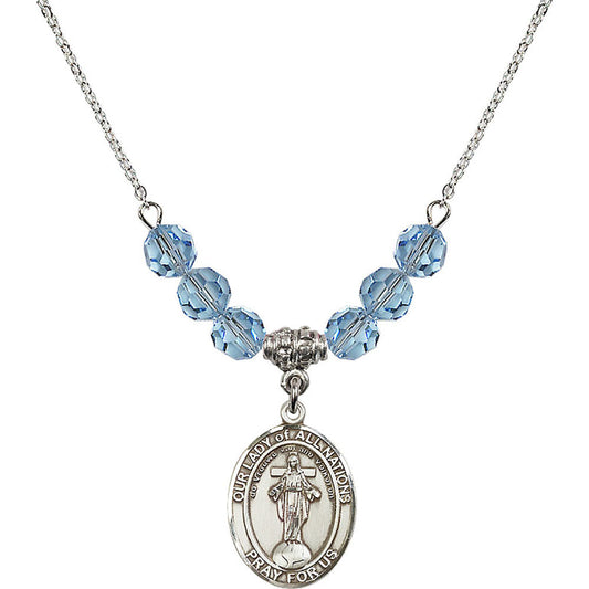 Sterling Silver Our Lady of All Nations Birthstone Necklace with Aqua Beads - 8242