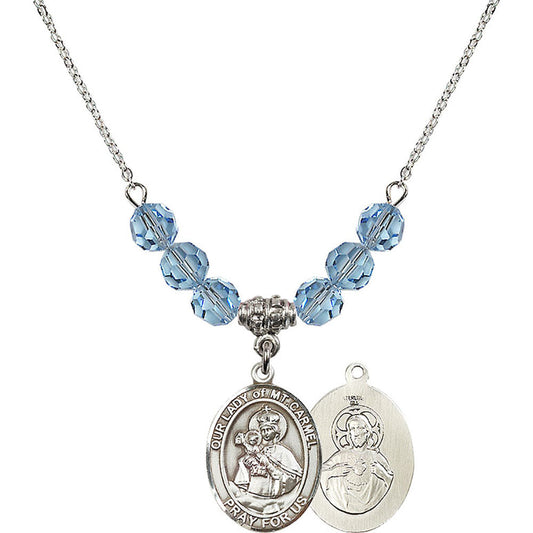 Sterling Silver Our Lady of Mount Carmel Birthstone Necklace with Aqua Beads - 8243