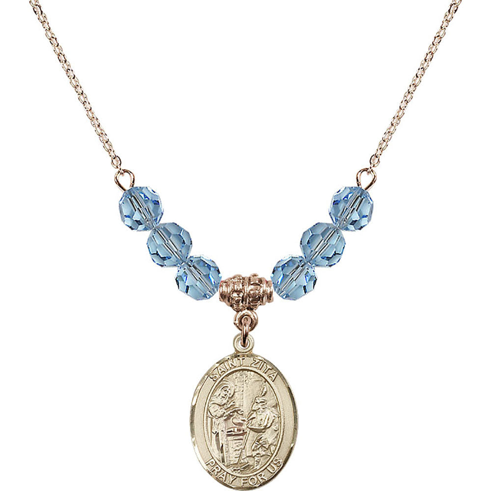 14kt Gold Filled Saint Zita Birthstone Necklace with Aqua Beads - 8244