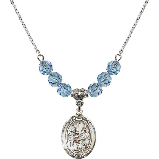 Sterling Silver Saint Zita Birthstone Necklace with Aqua Beads - 8244