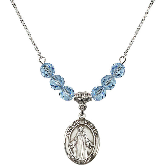 Sterling Silver Our Lady of Peace Birthstone Necklace with Aqua Beads - 8245