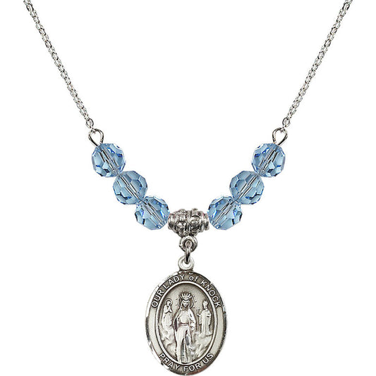 Sterling Silver Our Lady of Knock Birthstone Necklace with Aqua Beads - 8246