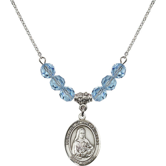 Sterling Silver Our Lady of the Railroad Birthstone Necklace with Aqua Beads - 8247