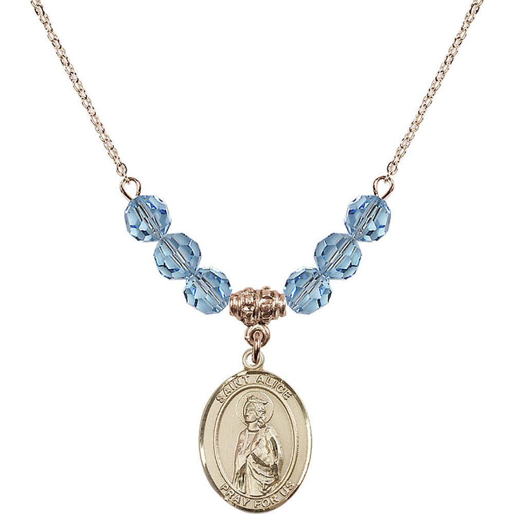 14kt Gold Filled Saint Alice Birthstone Necklace with Aqua Beads - 8248