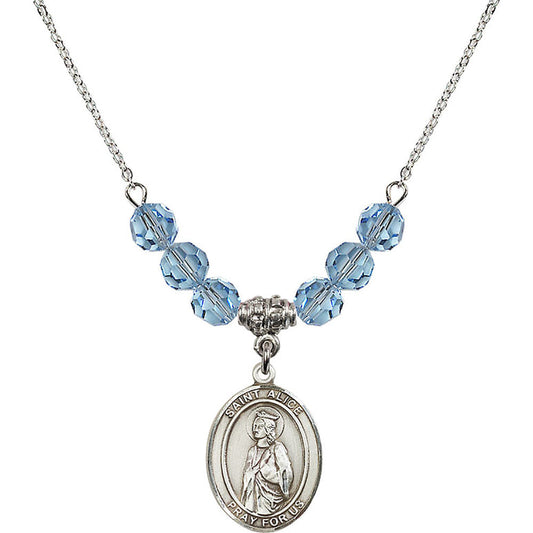 Sterling Silver Saint Alice Birthstone Necklace with Aqua Beads - 8248