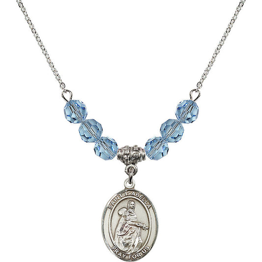 Sterling Silver Saint Isabella of Portugal Birthstone Necklace with Aqua Beads - 8250