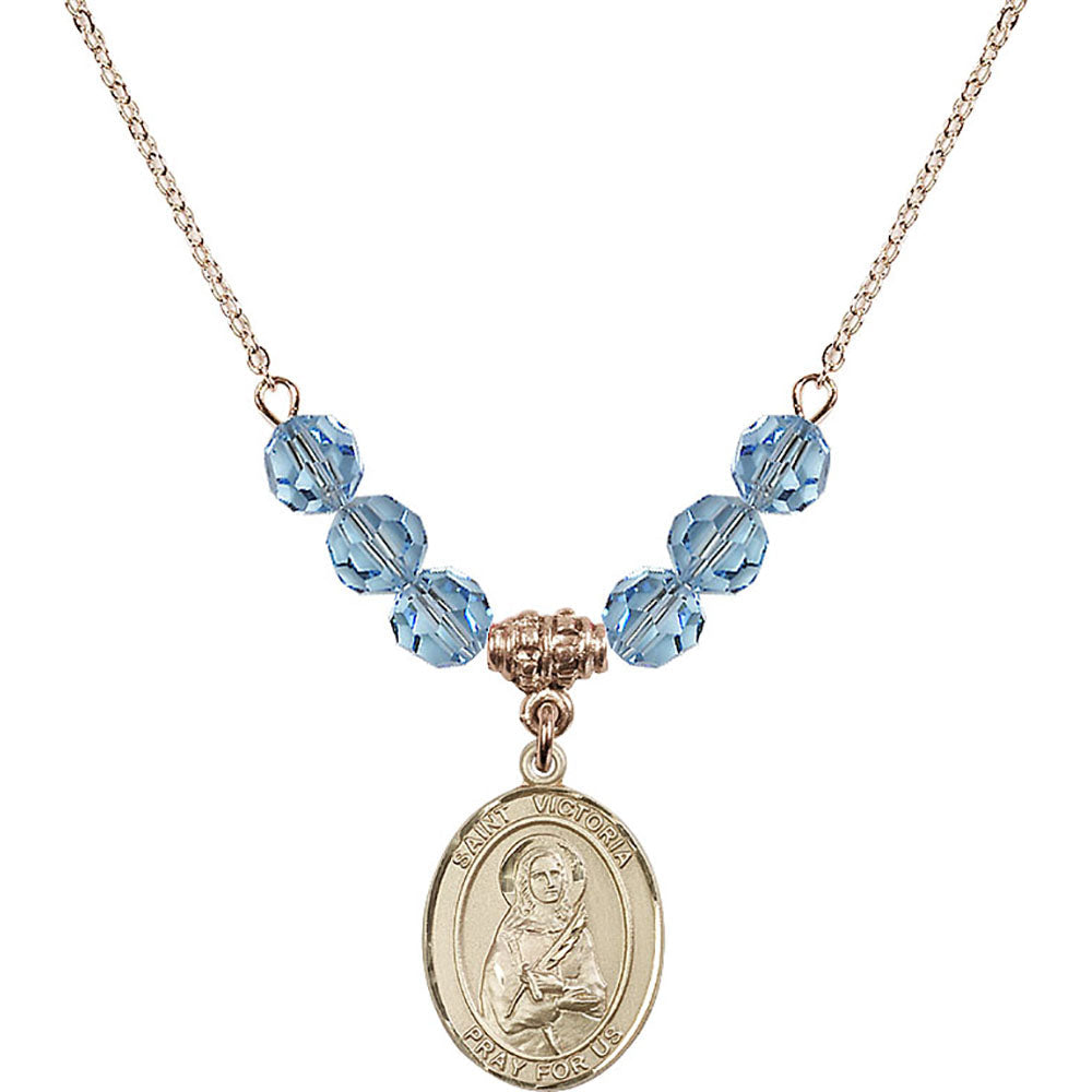 14kt Gold Filled Saint Victoria Birthstone Necklace with Aqua Beads - 8253