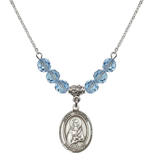 Sterling Silver Saint Victoria Birthstone Necklace with Aqua Beads - 8253