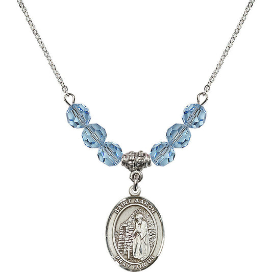 Sterling Silver Saint Aaron Birthstone Necklace with Aqua Beads - 8254