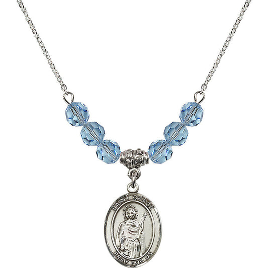 Sterling Silver Saint Grace Birthstone Necklace with Aqua Beads - 8255