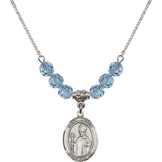 Sterling Silver Saint Austin Birthstone Necklace with Aqua Beads - 8256