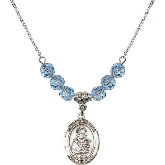 Sterling Silver Saint Christian Demosthenes Birthstone Necklace with Aqua Beads - 8257