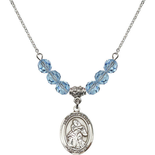 Sterling Silver Saint Isaiah Birthstone Necklace with Aqua Beads - 8258