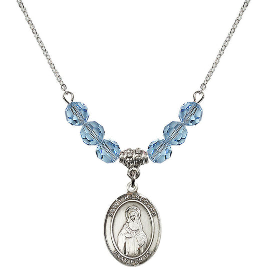 Sterling Silver Saint Hildegard von Bingen Birthstone Necklace with Aqua Beads - 8260