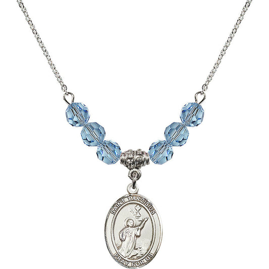 Sterling Silver Saint Tarcisius Birthstone Necklace with Aqua Beads - 8261