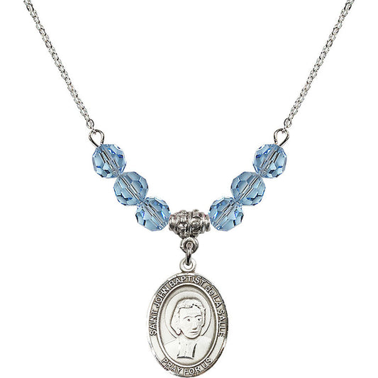 Sterling Silver Saint John Baptist de la Salle Birthstone Necklace with Aqua Beads - 8262
