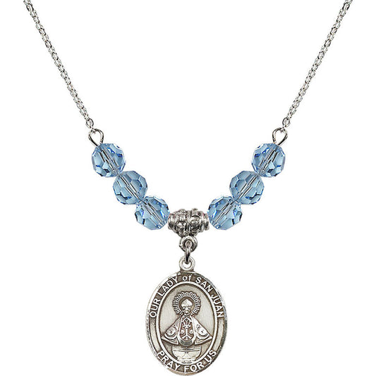 Sterling Silver Our Lady of San Juan Birthstone Necklace with Aqua Beads - 8263
