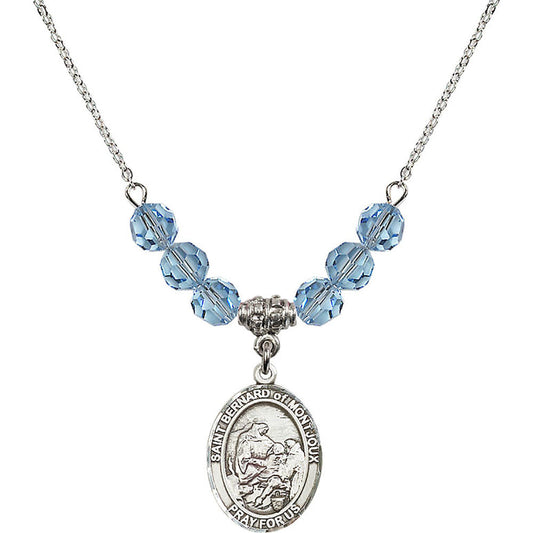 Sterling Silver Saint Bernard of Montjoux Birthstone Necklace with Aqua Beads - 8264
