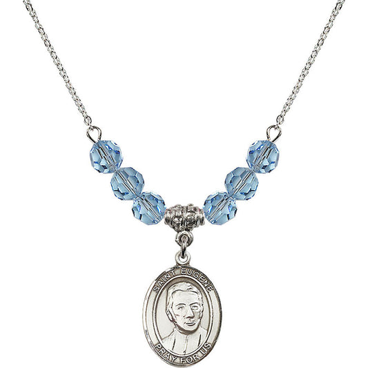 Sterling Silver Saint Eugene de Mazenod Birthstone Necklace with Aqua Beads - 8266