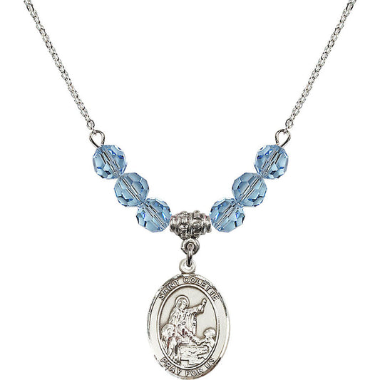 Sterling Silver Saint Colette Birthstone Necklace with Aqua Beads - 8268