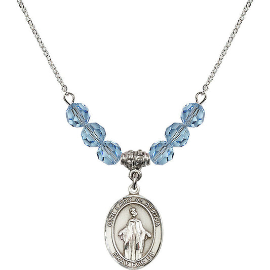 Sterling Silver Our Lady of Africa Birthstone Necklace with Aqua Beads - 8269