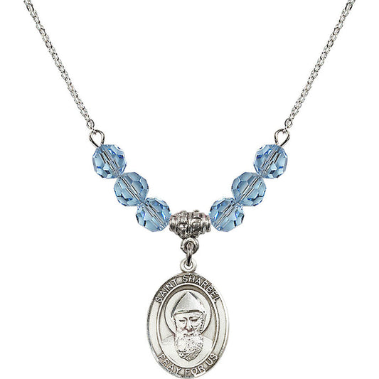 Sterling Silver Saint Sharbel Birthstone Necklace with Aqua Beads - 8271
