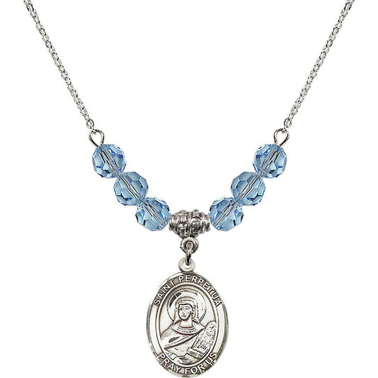 Sterling Silver Saint Perpetua Birthstone Necklace with Aqua Beads - 8272