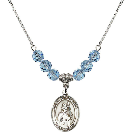 Sterling Silver Saint Wenceslaus Birthstone Necklace with Aqua Beads - 8273