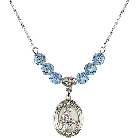 Sterling Silver Saint Remigius of Reims Birthstone Necklace with Aqua Beads - 8274