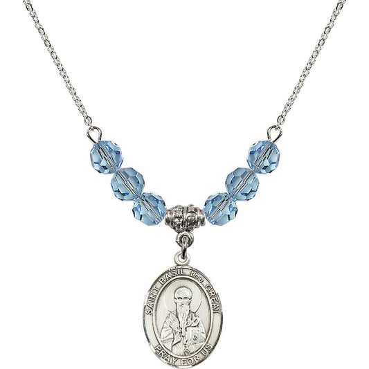 Sterling Silver Saint Basil the Great Birthstone Necklace with Aqua Beads - 8275