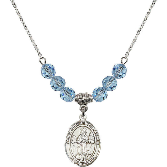 Sterling Silver Saint Isidore the Farmer Birthstone Necklace with Aqua Beads - 8276
