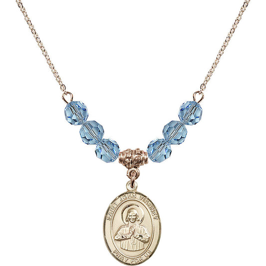 14kt Gold Filled Saint John Vianney Birthstone Necklace with Aqua Beads - 8282
