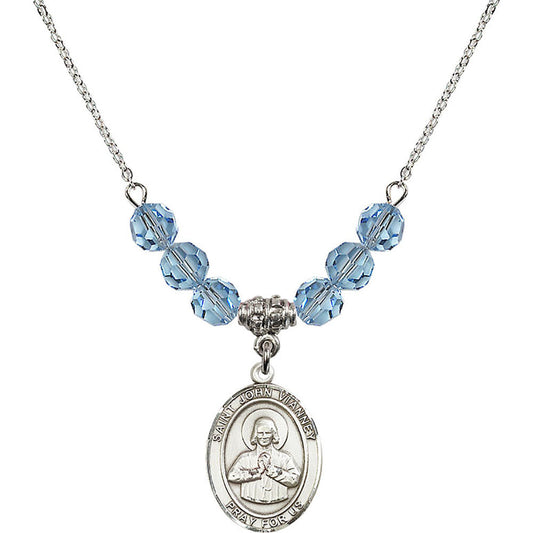Sterling Silver Saint John Vianney Birthstone Necklace with Aqua Beads - 8282