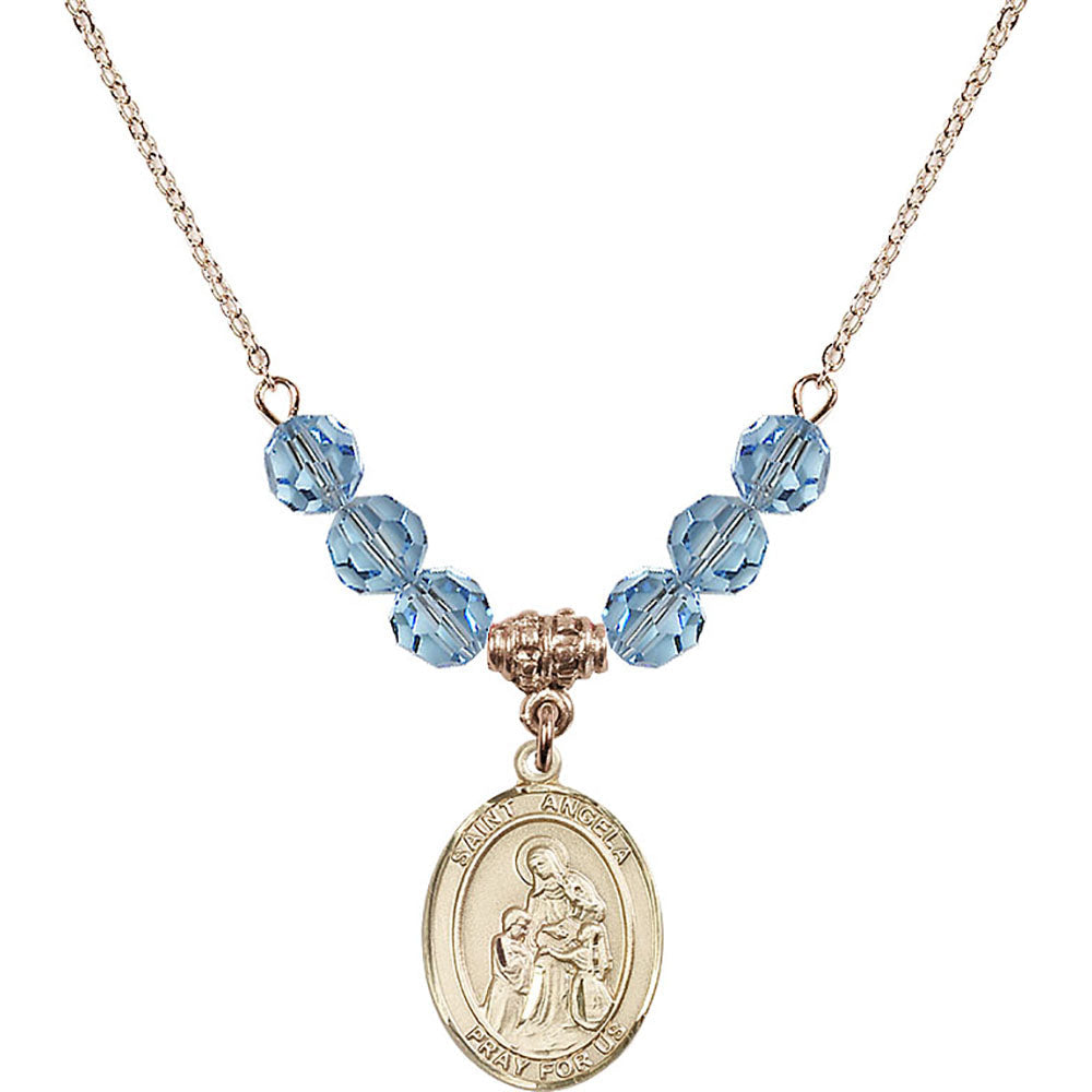 14kt Gold Filled Saint Angela Merici Birthstone Necklace with Aqua Beads - 8284