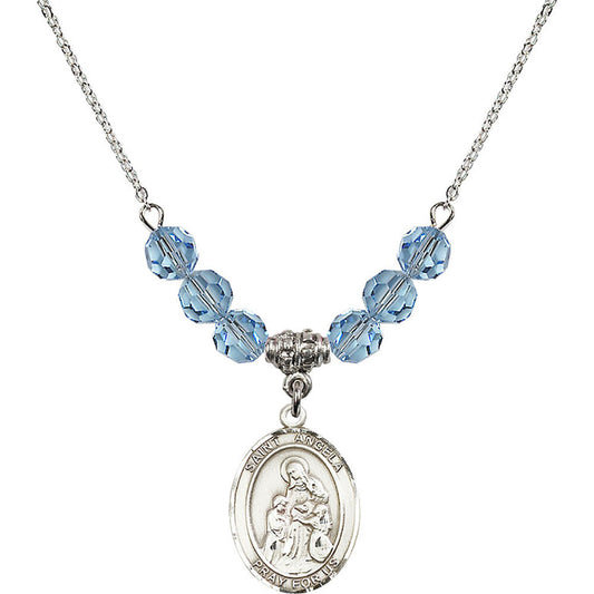 Sterling Silver Saint Angela Merici Birthstone Necklace with Aqua Beads - 8284