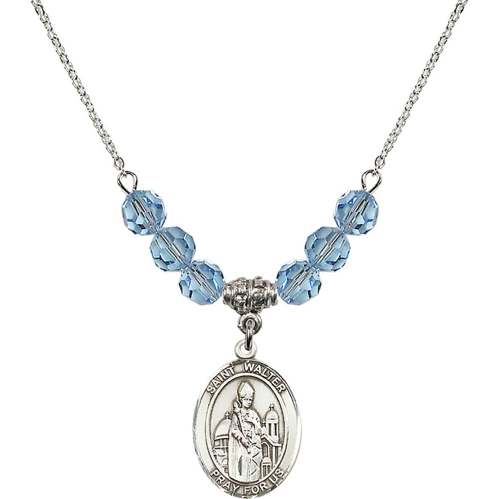 Sterling Silver Saint Walter of Pontoise Birthstone Necklace with Aqua Beads - 8285