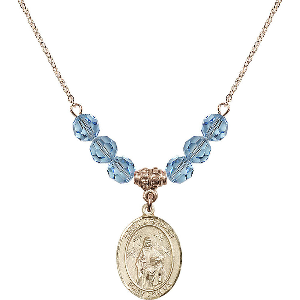 14kt Gold Filled Saint Deborah Birthstone Necklace with Aqua Beads - 8286