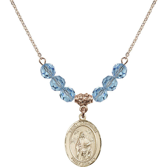 14kt Gold Filled Saint Deborah Birthstone Necklace with Aqua Beads - 8286