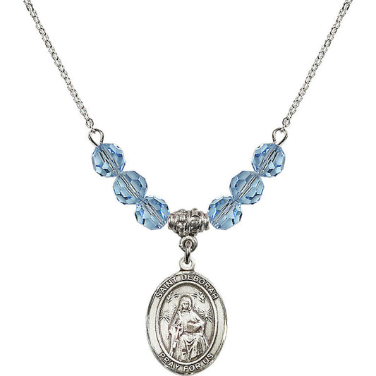 Sterling Silver Saint Deborah Birthstone Necklace with Aqua Beads - 8286