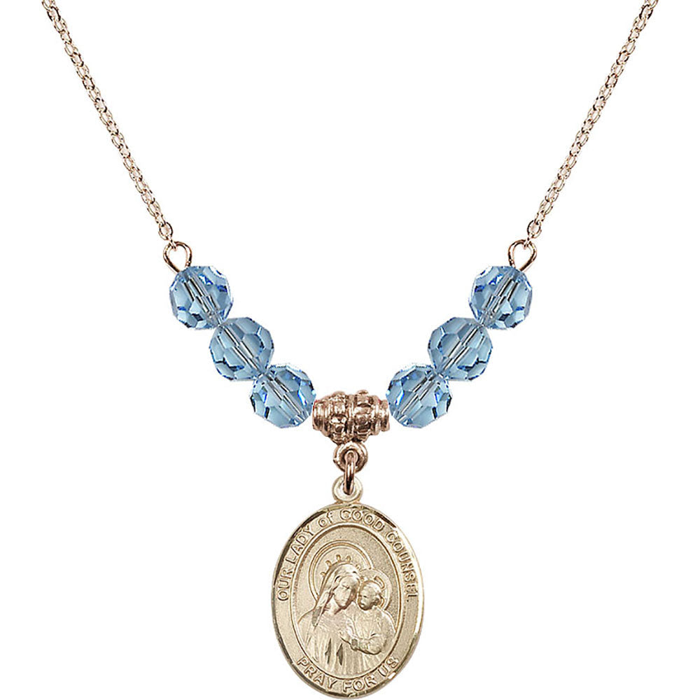 14kt Gold Filled Our Lady of Good Counsel Birthstone Necklace with Aqua Beads - 8287