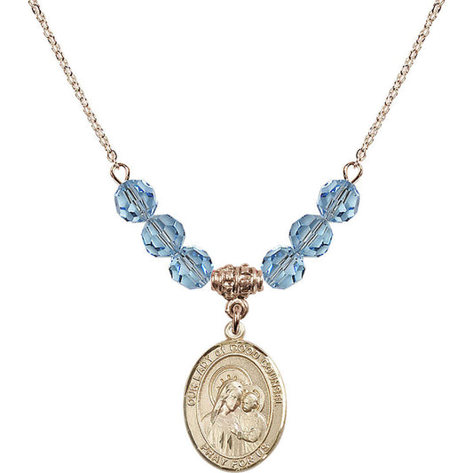 14kt Gold Filled Our Lady of Good Counsel Birthstone Necklace with Aqua Beads - 8287