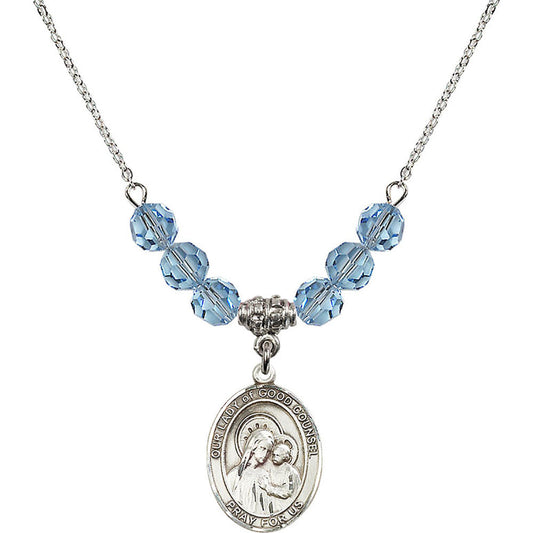 Sterling Silver Our Lady of Good Counsel Birthstone Necklace with Aqua Beads - 8287