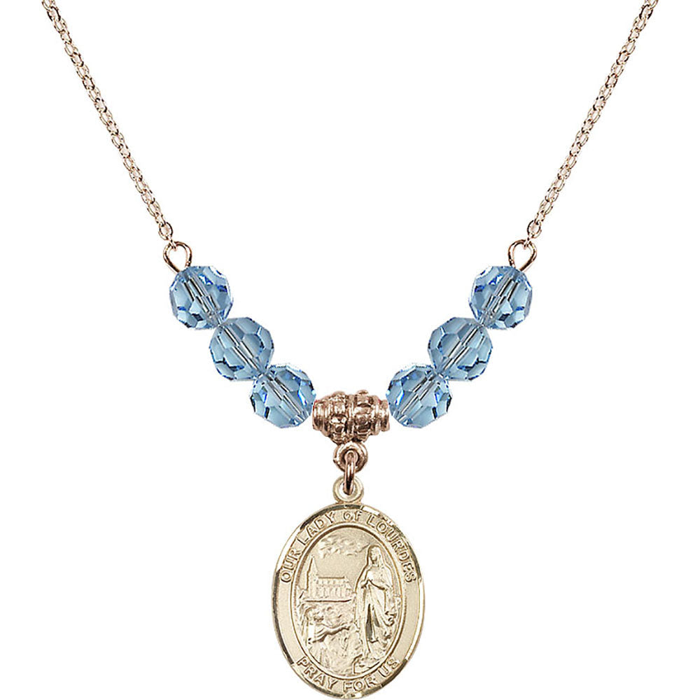 14kt Gold Filled Our Lady of Lourdes Birthstone Necklace with Aqua Beads - 8288