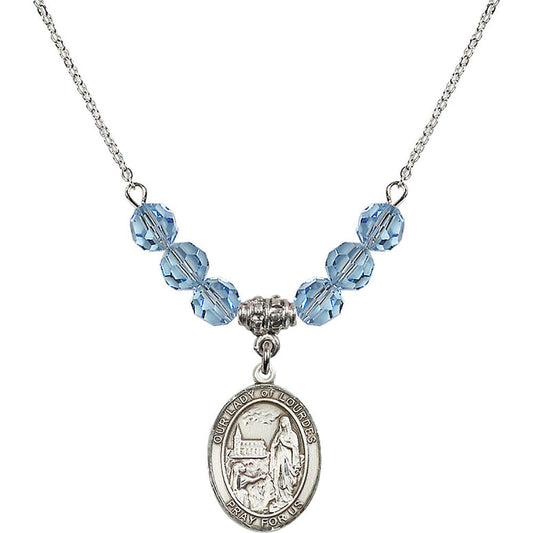 Sterling Silver Our Lady of Lourdes Birthstone Necklace with Aqua Beads - 8288