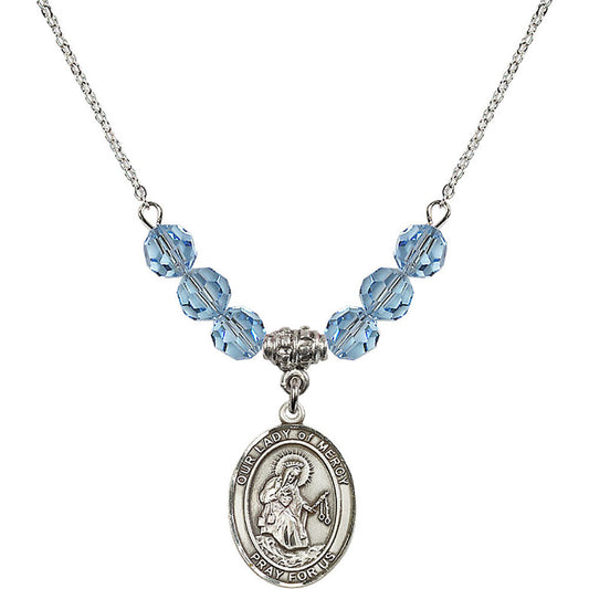 Sterling Silver Our Lady of Mercy Birthstone Necklace with Aqua Beads - 8289