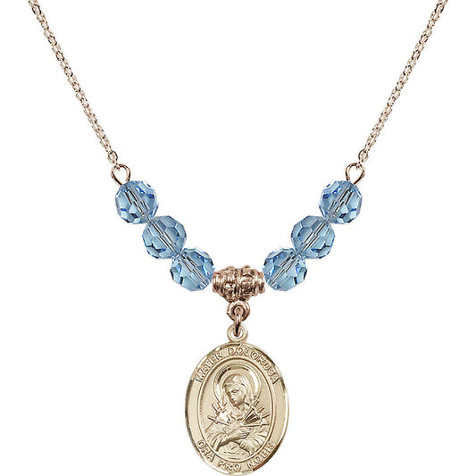 14kt Gold Filled Mater Dolorosa Birthstone Necklace with Aqua Beads - 8290