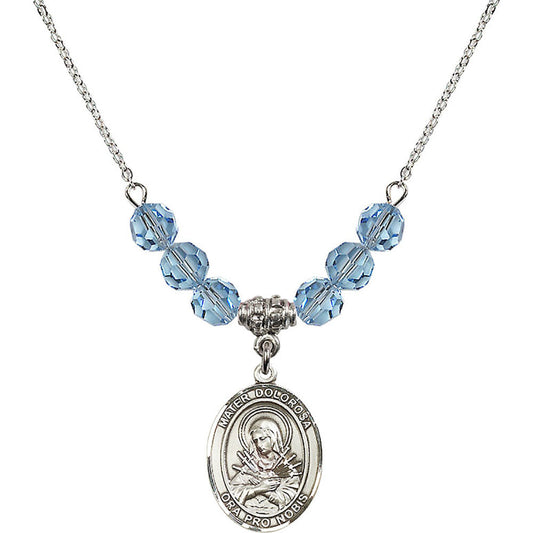 Sterling Silver Mater Dolorosa Birthstone Necklace with Aqua Beads - 8290
