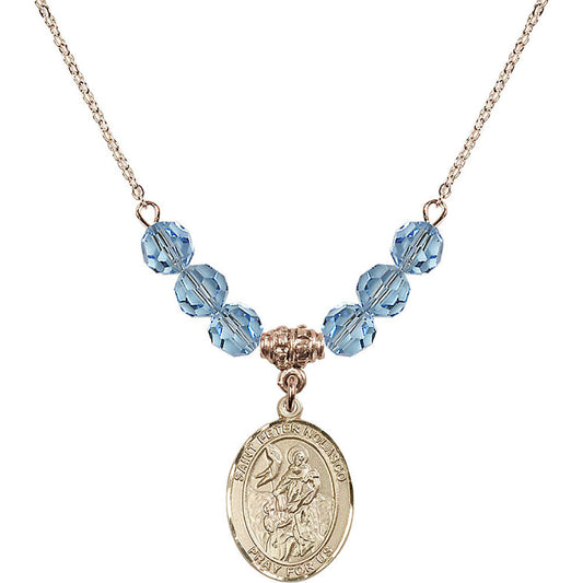 14kt Gold Filled Saint Peter Nolasco Birthstone Necklace with Aqua Beads - 8291