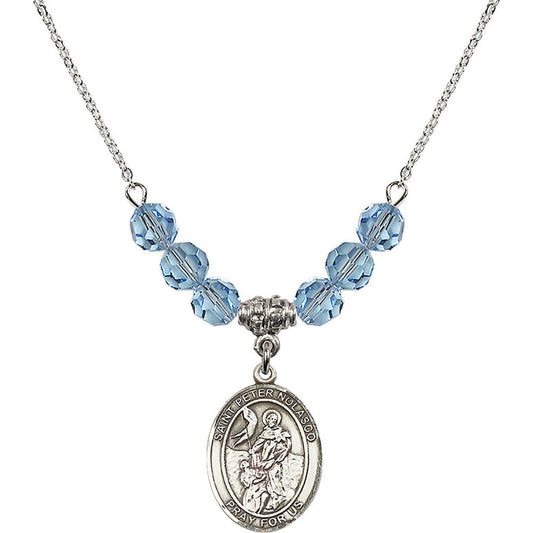 Sterling Silver Saint Peter Nolasco Birthstone Necklace with Aqua Beads - 8291
