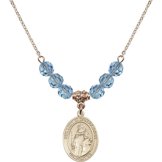 14kt Gold Filled Our Lady of Consolation Birthstone Necklace with Aqua Beads - 8292